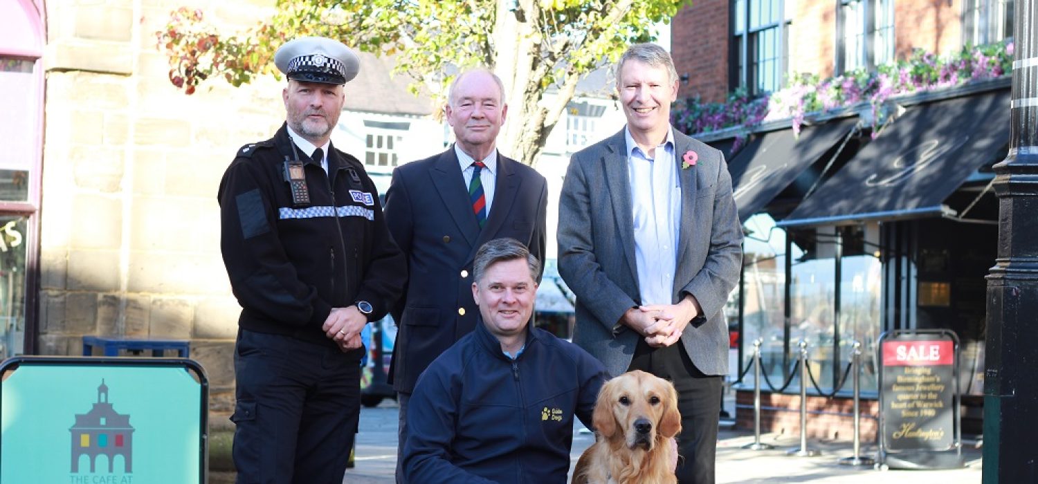 LtoR Insp Jem Mountford PCC Philip Seccombe Cllr Andy Crump Front Neil Rance Senior Guide Dog Trainer with Dog Charlie2