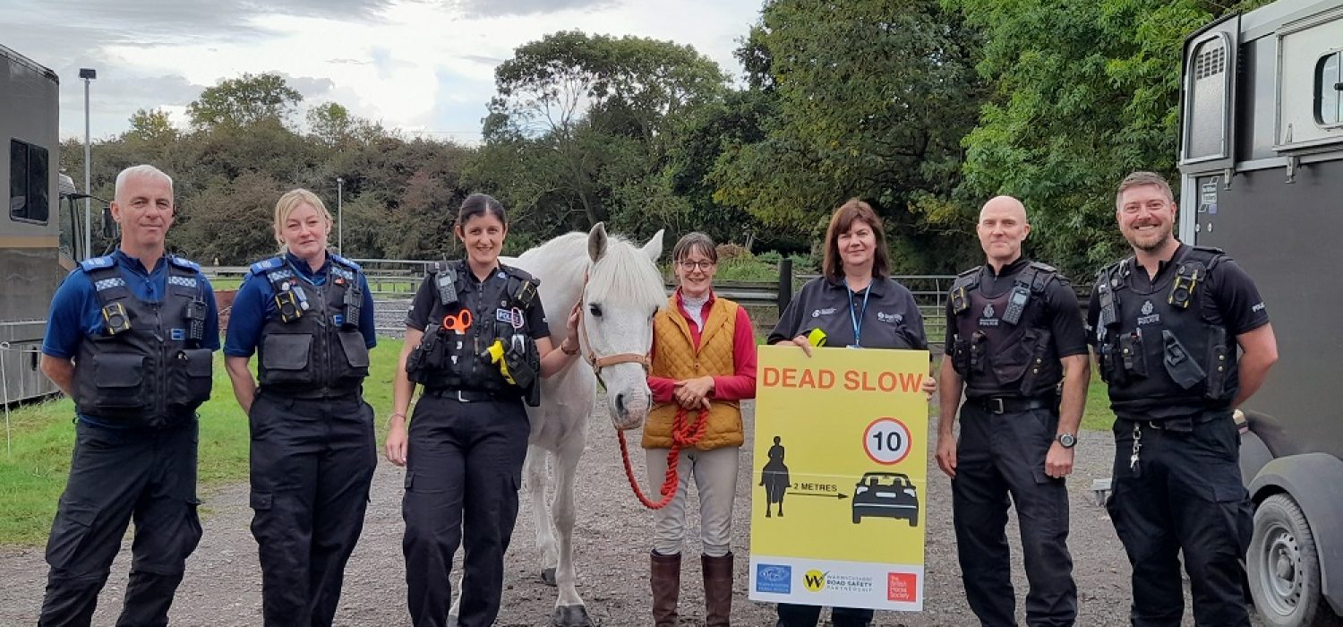Officers PCSOs staff and volunteers including Lynda and Murphy the horse Op Close Pass 21 Sept 23 with Dead SLow