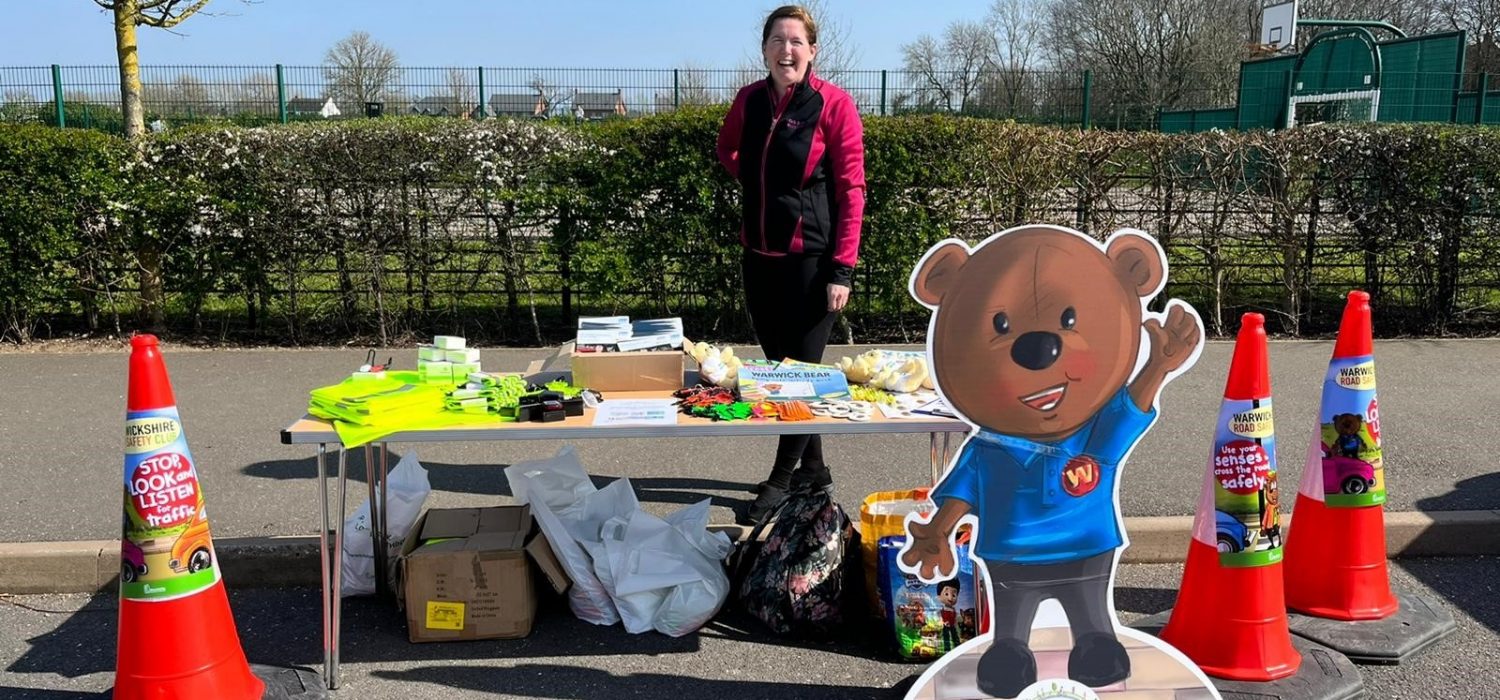 Warwick Bear joined in the fun at Meon Vale with Road Safety Louise April 22