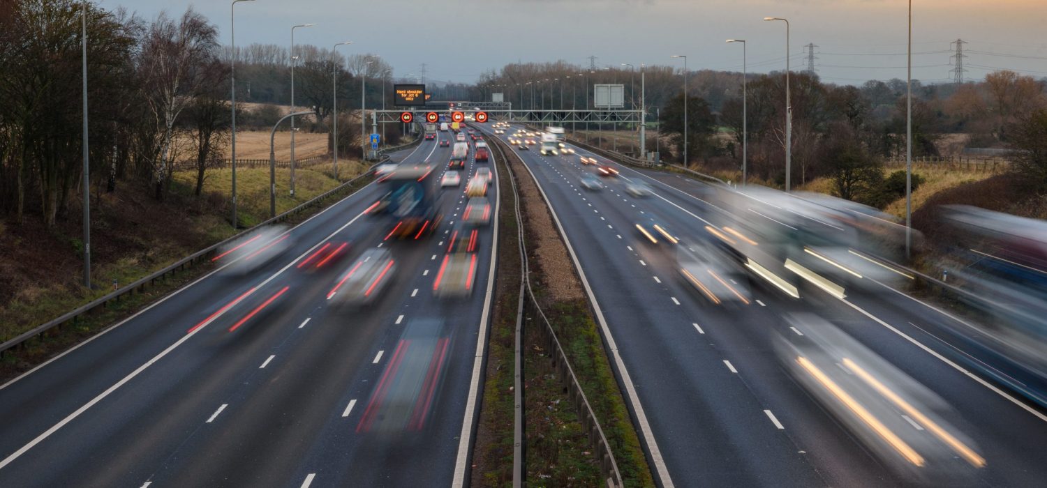 Evening traffic drives along the M42 in Warwickshire as Active Traffic Management is being used to control the flow of vehicles through the lanes