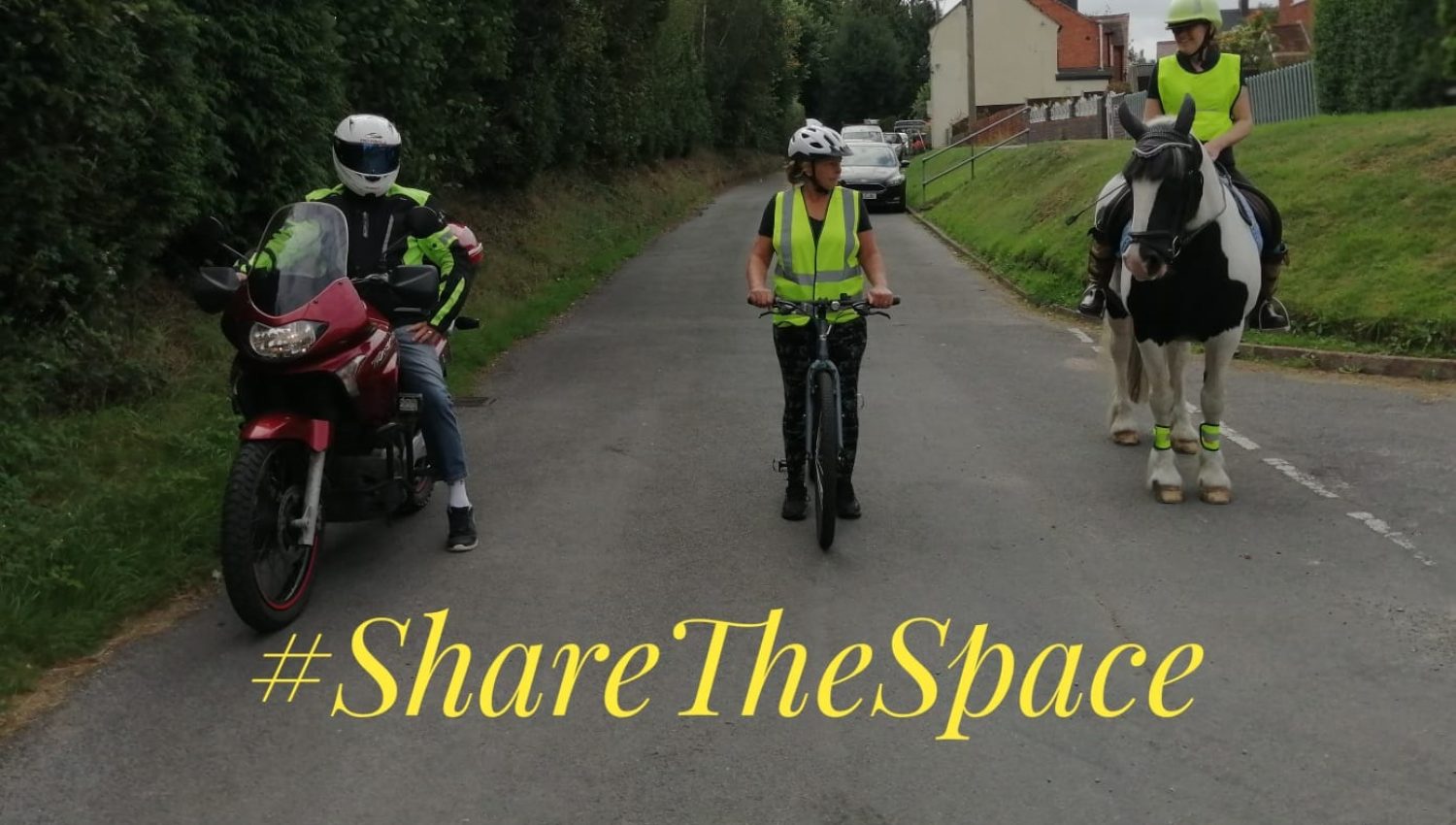 share the space photo motorcyclist cyclist and horse rider